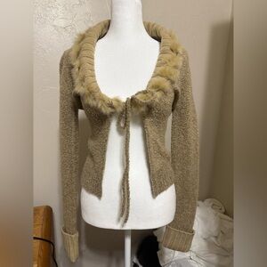 Vintage De Rothschild Tie-Front Sweater Cardigan – Faux Fur Trim – Size S/M